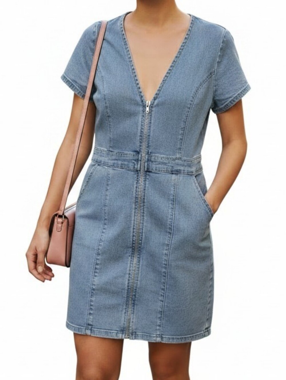 Guess Light Blue Denim V-Neck Zip Mini Dress